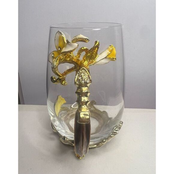 ARC of France Glass Tea Coffee Cup Jeweled Floral Enameled Gold Handle - Picture 3 of 5